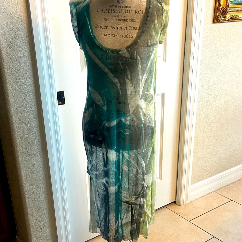 NWT Art of cloth Lilli Mesh Dress sleeveless, sheer, blue and green size medium